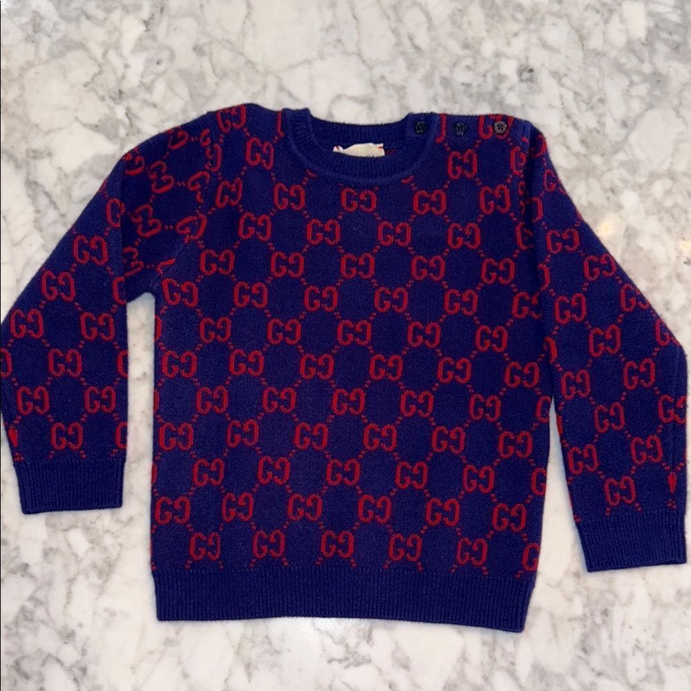 Gucci Navy & Red Logo Wool Sweater 24m